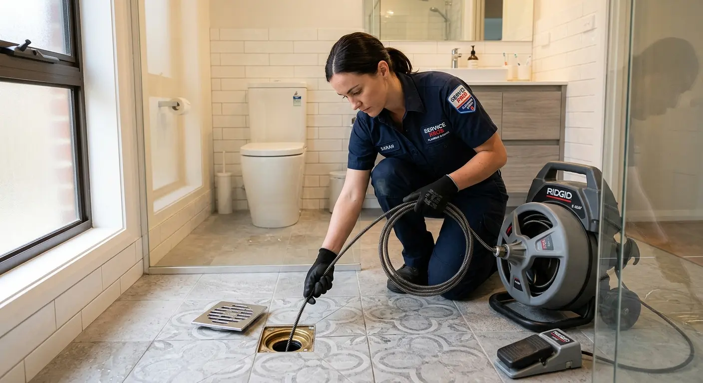 Technician clearing a bathroom floor drain for Hydro Jetting in Quincy